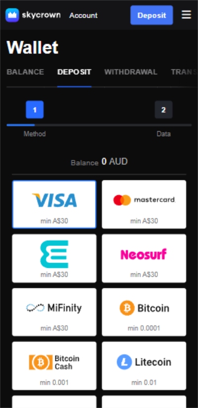 Skycrown Deposit Methods Mobile