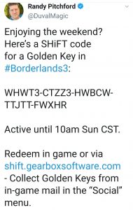 Randy Pitchford’s Shift Codes tweet
