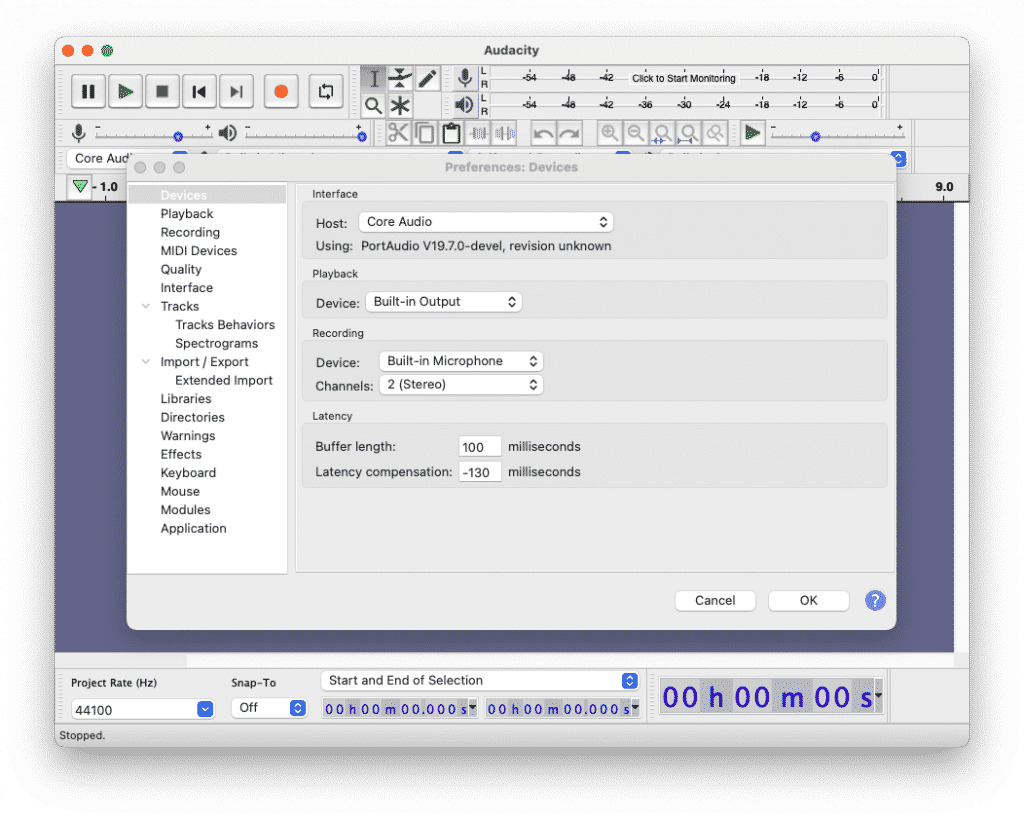 Audacity preferences options