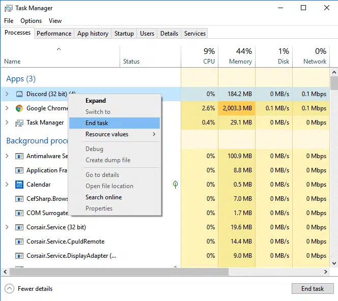 End Task from Task Manager