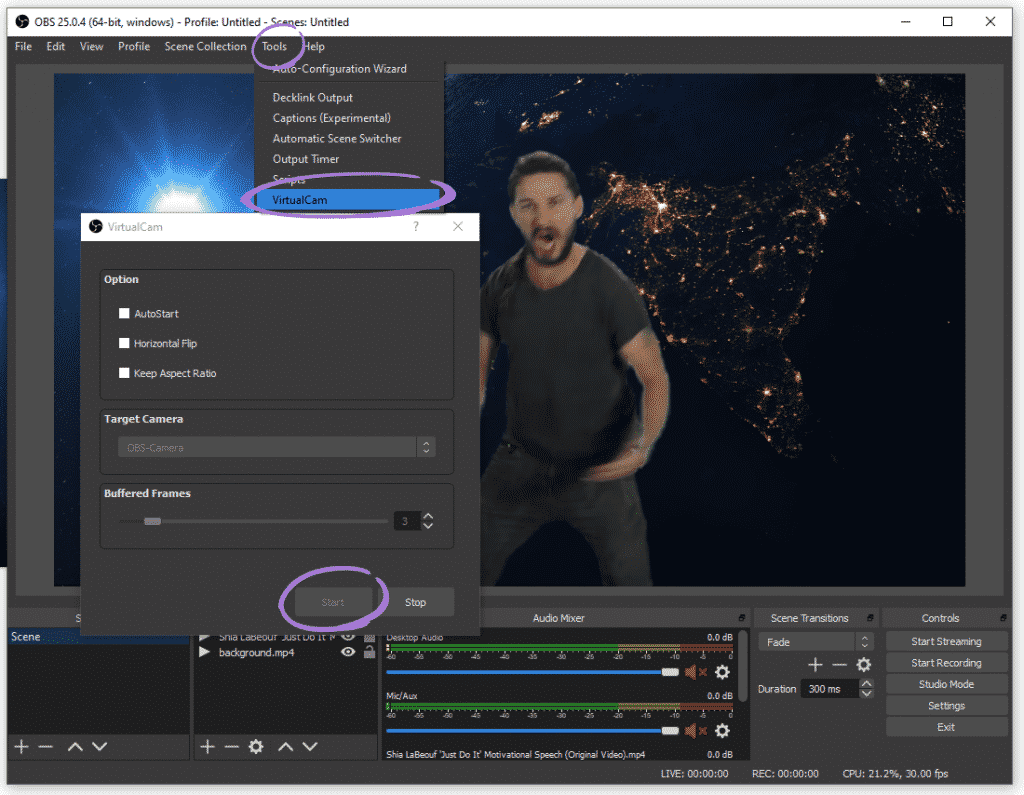 select VirtualCam from tools