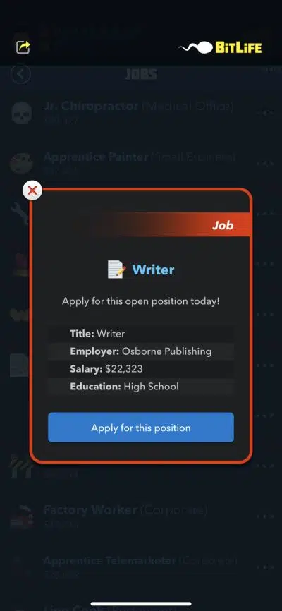 apply for the writer job bitlife