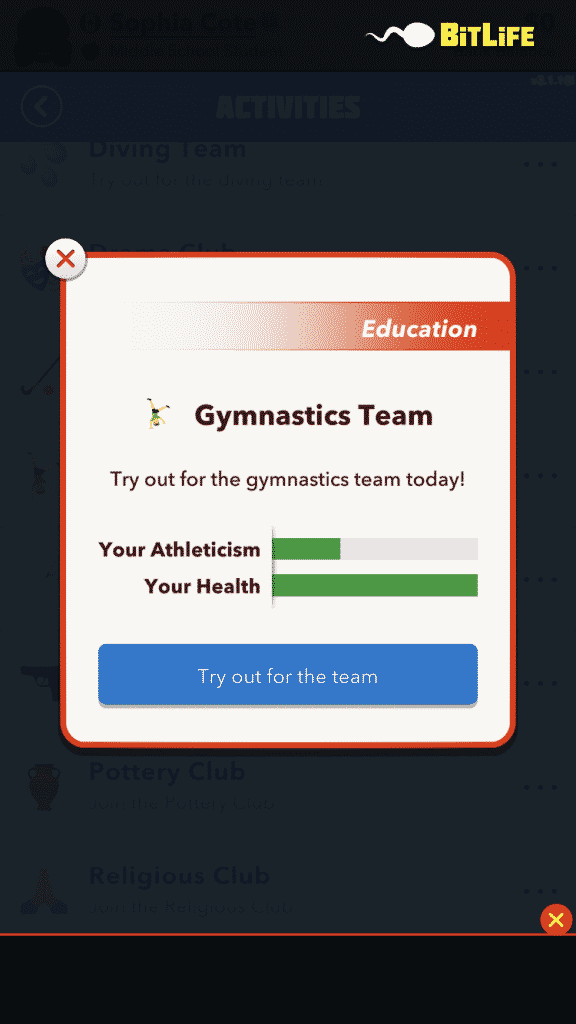 try out gymnastics team bitlife