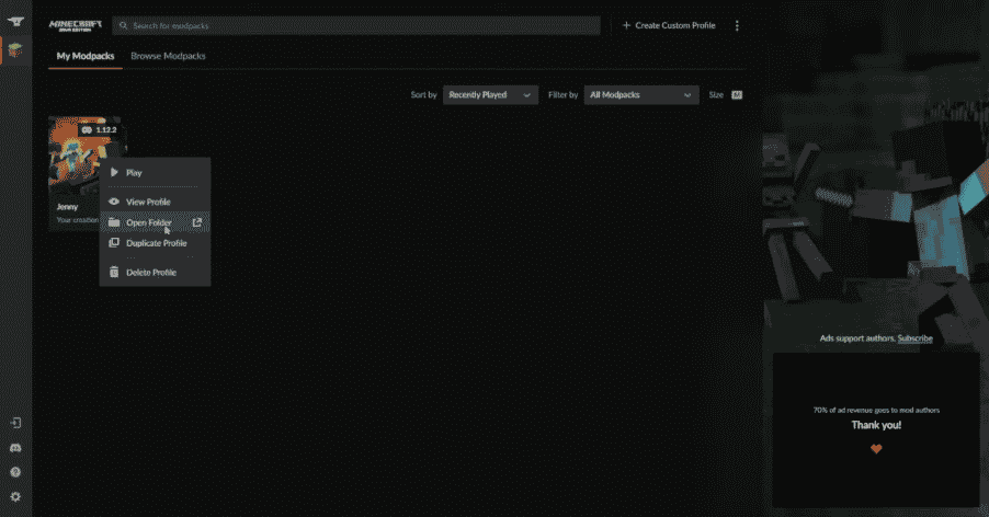 open folder option in janny profile in curseforge minecraft