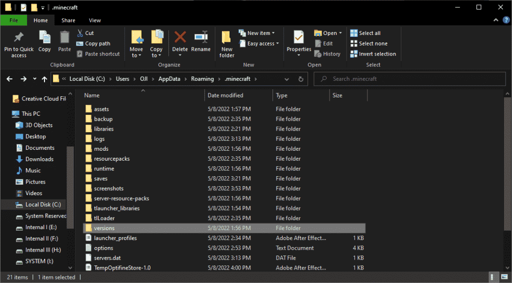 open the folder named versions of minecraft