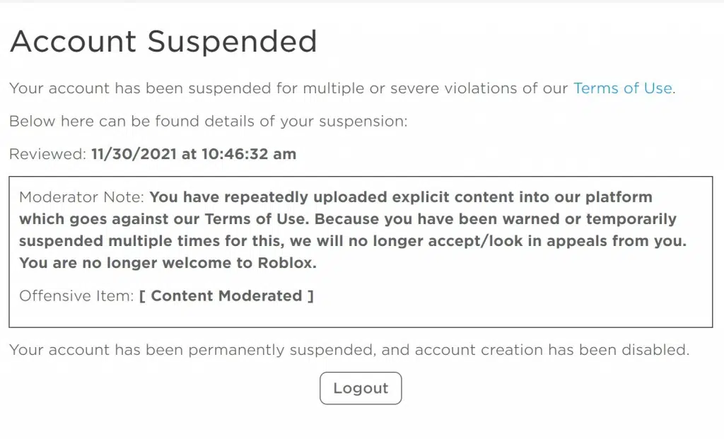 roblox permanent ban messages