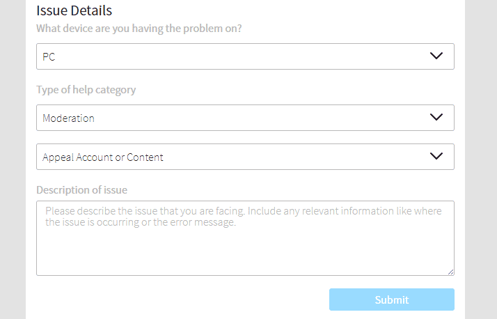 support form to get unban from roblox