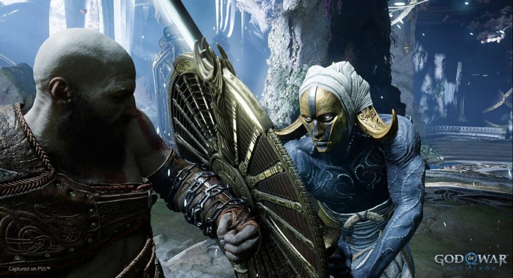 God of War Ragnarok PS5 Bundle, Kratos fighting against mob