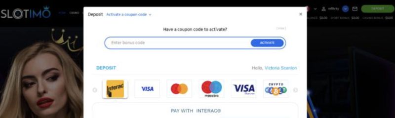Slotimo Deposit funds and claim your bonus