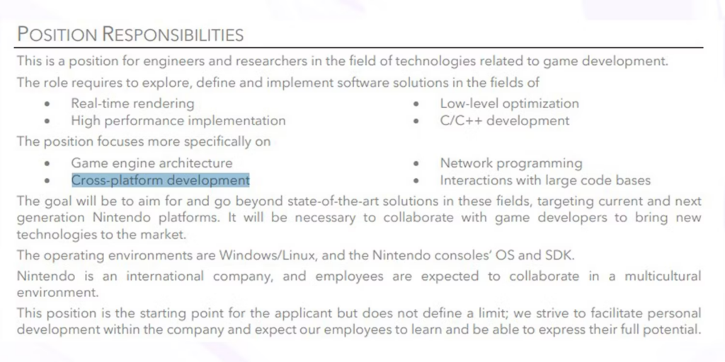job posting on nintendo 