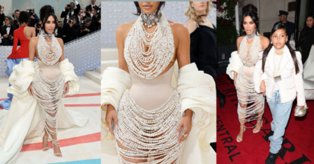 Kim Kardashian Shines in Pearl-Adorned Versace Ensemble: But Why North West Just Stayed in the Car? Kim Kardashian Met Gala